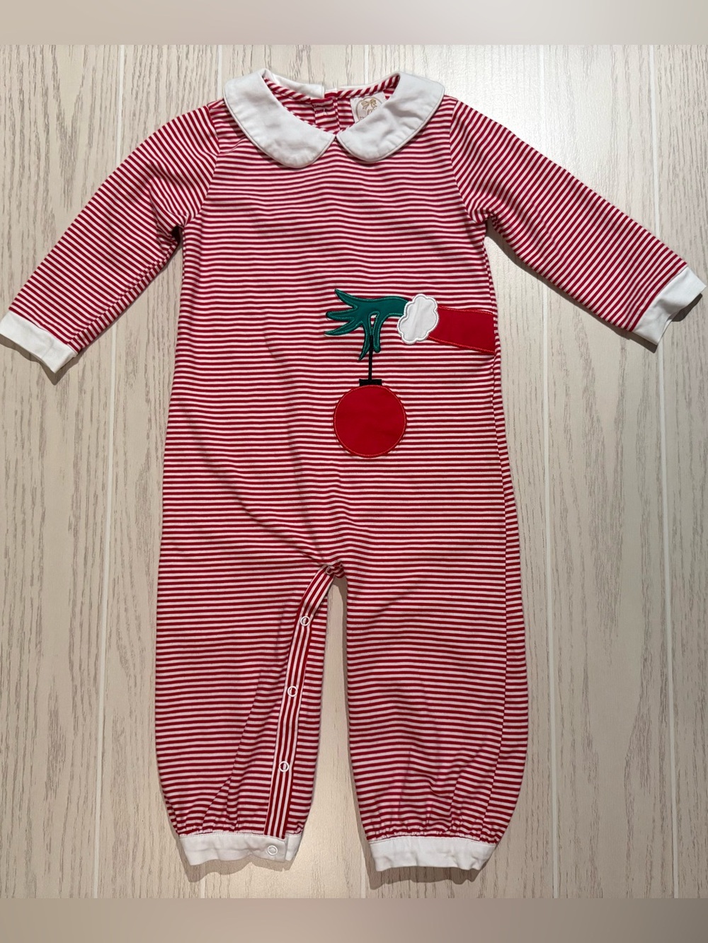 Little Bear Smocks Boys 2T Grinch Christmas Red Stripe Ornament Romper